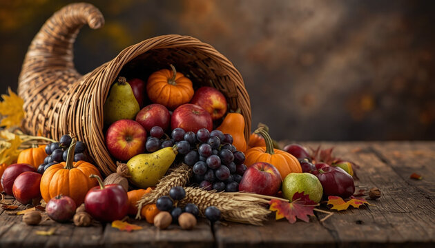 Wicker cornucopia overflowing with apples, pumpkins, grapes and corn, Thanksgiving harvest abundance symbol