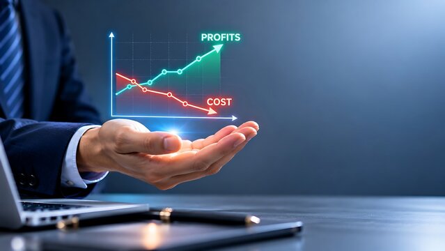 Businessman holding holographic graph showing rising profits and falling costs on dark background.