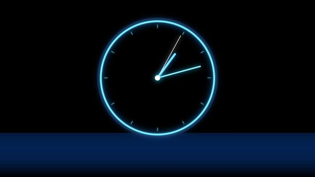 Neon blue analog clock ticking on dark background