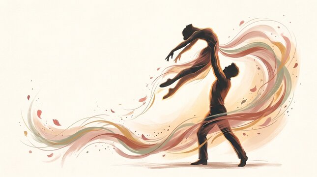 Couple practicing contemporary dance lifts with grace and elegance on abstract background
