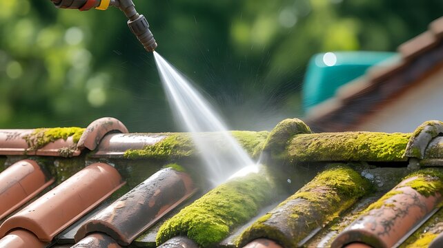 Pressure washing green moss from old clay roof tiles with washer