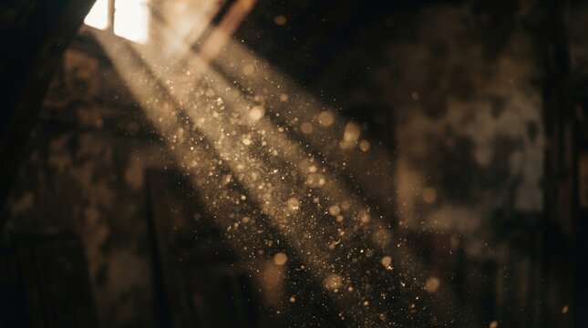 Dust motes dance in a beam of light within a dilapidated, abandoned building. Sunlight streams through a broken window, illuminating the decaying interior.