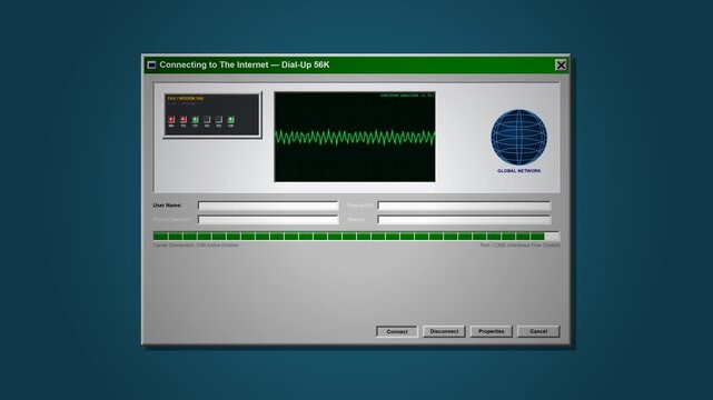 Vintage computer 90s dial-up modem internet connection dialog box with blank customizable input fields and audio spectrum oscilloscope, seamless loop.
