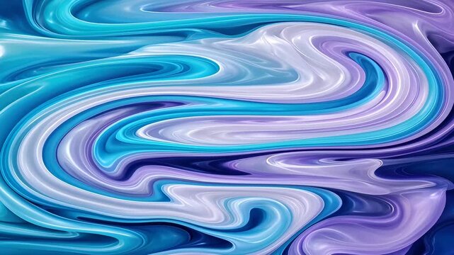 Abstract fluid swirl background with turquoise purple blue lavender wave patterns, glossy flowing curves, smooth reflective folds, pale marbled highlights and luminous digital texture