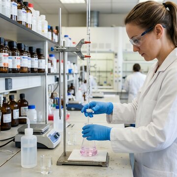 Scientist performing titration experiment in a modern laboratory setting.