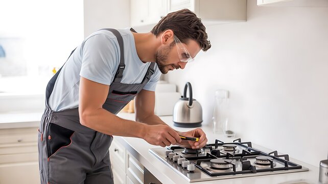 Professional technician repairing gas stove burner in home kitchen with handyman