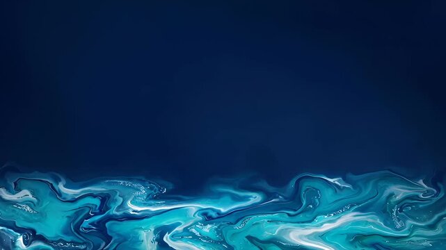 Abstract blue turquoise fluid marble texture with flowing cyan and white pigment, navy background and intricate swirl along lower edge, leaving dark space for creative design
