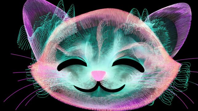 Cute Smiling Neon Cat Face Wireframe Wave Mesh Graphic Element for Meme Overlay Social Media and Gaming Content Stream
