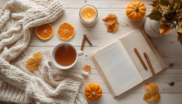 Cozy autumn flat lay with knit sweater, tea, book, candle and fall leaves on wooden table, hygge mood