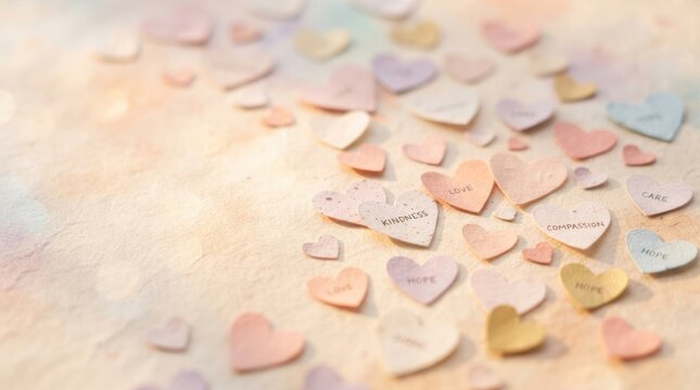 Many small hearts are scattered across a textured beige surface. Each heart is inscribed with a word of positivity, including love, kindness, compassion, hope, and care.