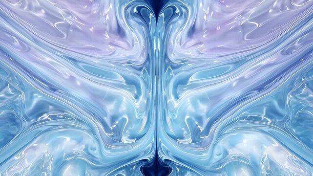 Abstract blue lavender glossy liquid texture with symmetrical reflection and iridescent background, flowing translucent folds, luminous highlights and reflective wave curvature