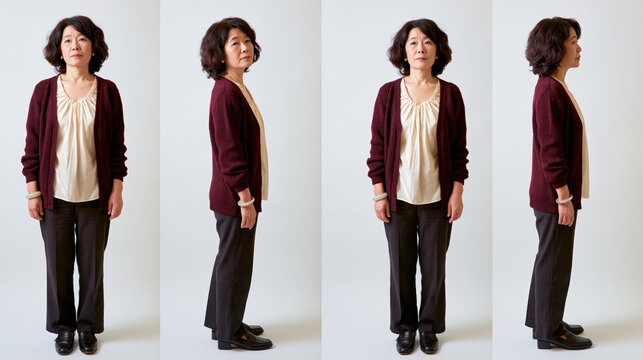 Mature Asian woman in burgundy cardigan and cream blouse poses front and side against plain studio background with calm expression