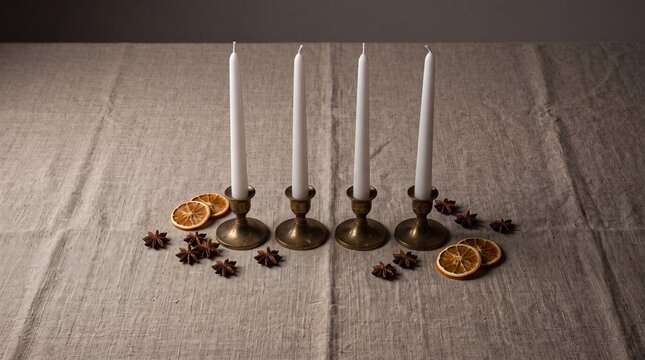 Four white taper candles in brass holders arranged with dried orange slices and star anise on a textured linen tablecloth for the holiday season