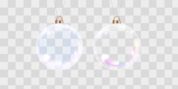 Realistic 3D glossy glass Christmas bauble icon vector close-up mockup set isolated on a transparency grid background. Design template for a Christmas and New Year tree ornament.