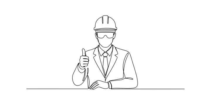 Continuous single line drawing of an engineer in a suit and hard hat giving a thumbs up gesture