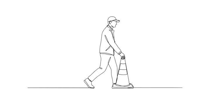 Continuous line drawing of a male construction worker walking and holding a traffic cone