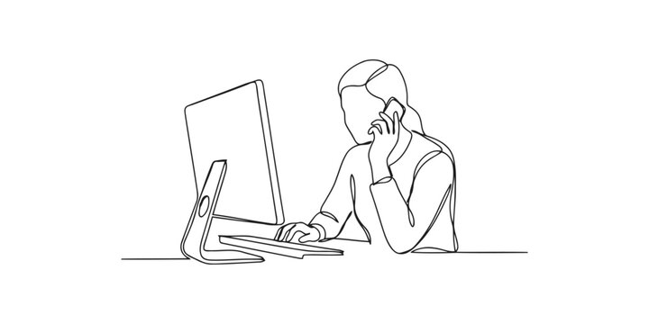 Continuous line drawing of a business woman working at a computer while talking on a mobile phone