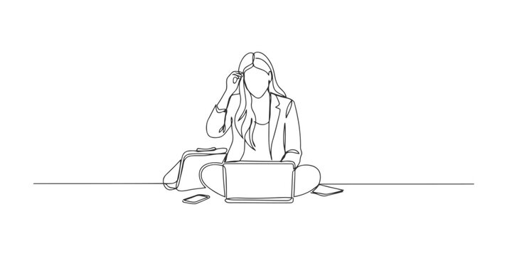 Continuous line drawing of a young businesswoman sitting on the floor working on a laptop computer