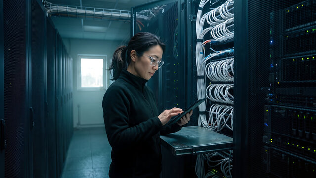 青い光に包まれた暗いサーバールームのラックの間でタブレットを操作する黒いフリース姿の女性技術者