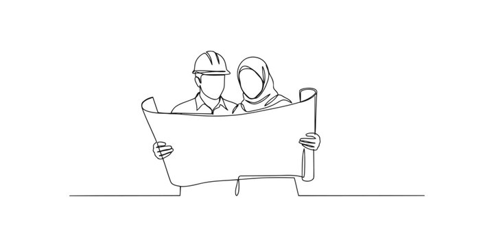 Continuous line drawing of a male engineer and a female muslim architect looking at a building plan together