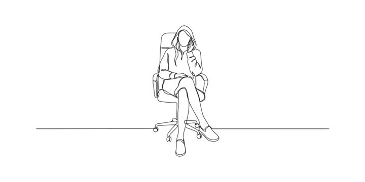 Continuous line drawing of a young woman sitting in an office chair while talking on her smartphone
