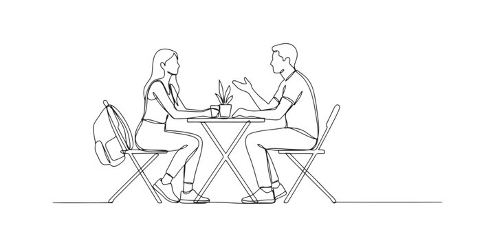 Young man and woman sitting at a table having a conversation in a one line drawing style