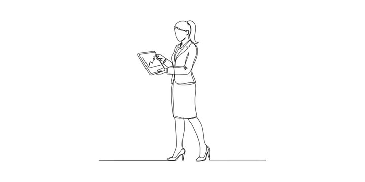 Business woman standing holding a tablet with a rising financial graph in a continuous line drawing style