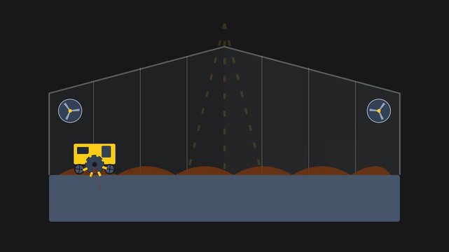 Industrial Automated Solar Sewage Sludge Drying Hall and Robotic Windrow Turner Schematic