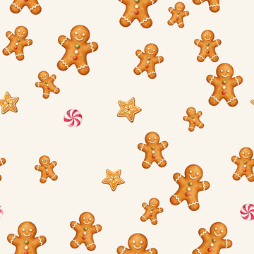 Watercolor gingerbread men seamless pattern with star cookies and peppermints on cream