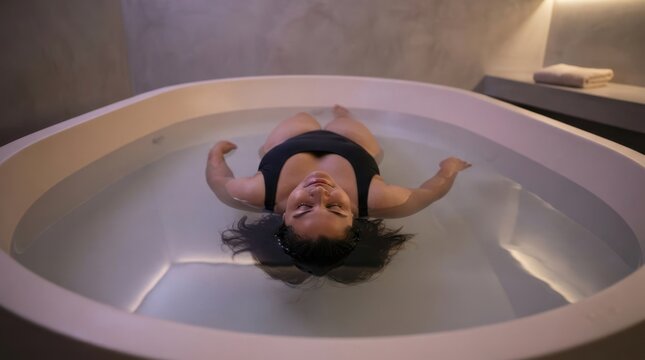 Woman floats peacefully in a circular sensory pool during a quiet wellness experience