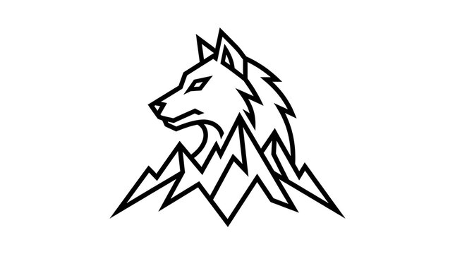 Minimalist wolf profile head over mountain range peak icon with mountain landscape adventure wilderness minimalist outdoors silhouette predator climbing explorer isolated USA, American, United States