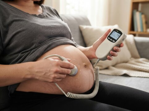 home fetal doppler device setup closeup Pregnant woman using a fetal doppler to monitor baby's heartbeat at home.