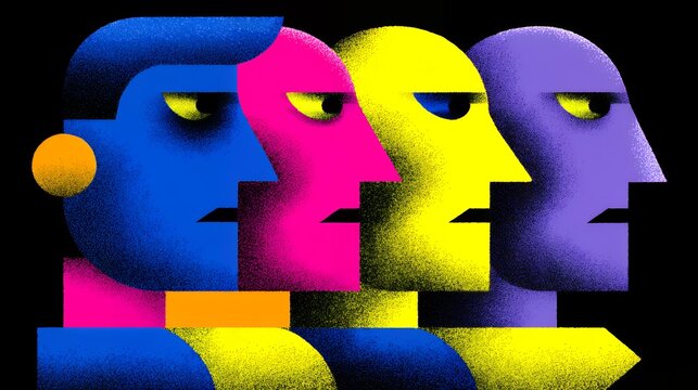 Set of colorful textured retro pop art human profile faces in row for social diversity team audience perspective concept visual