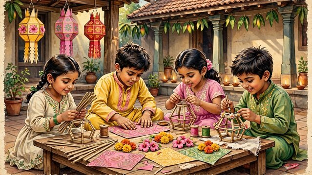 Four happy children crafting traditional decorative lanterns together in a courtyard