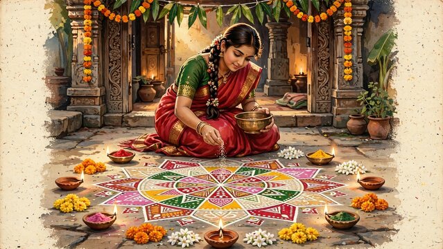 Traditional Indian woman making a colorful rangoli floor pattern surrounded by lit clay lamps and flowers during a cultural celebration