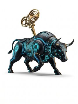 Futuristic black cybernetic bull with large golden clockwork wind-up key on back, market manipulation and trading concept