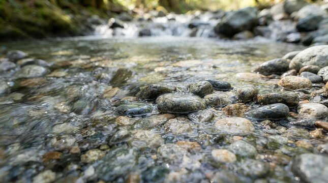 Clear flowing water over smooth river stones in a forest setting.