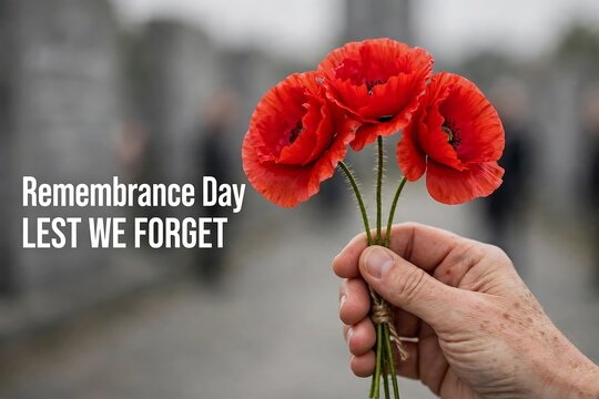 Hand holding three red poppies for remembrance day, lest we forget