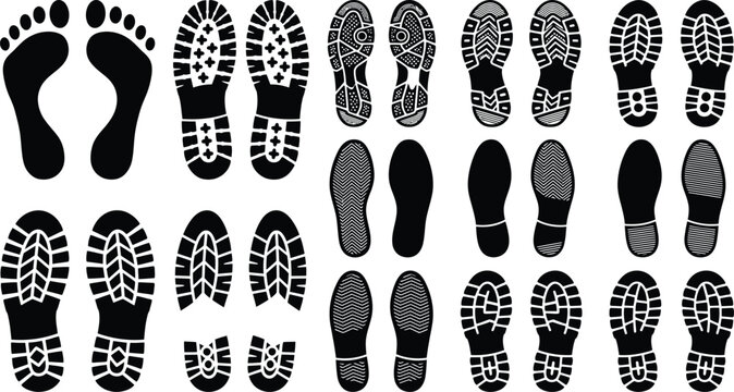 Footprint and shoe print icons set, collection of human feet and footwear tread patterns