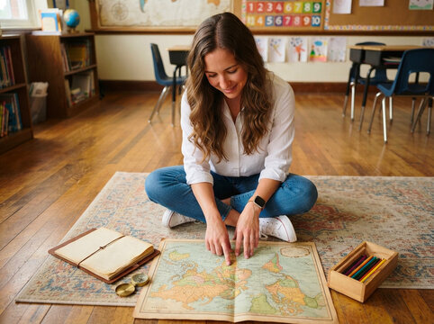 Female teacher sitting on classroom floor pointing at vintage world