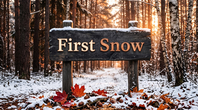 First snow wooden sign in winter forest with autumn leaves and acorns under light dusting of fresh snow.