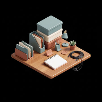  Isometric 3D Miniature Home Office Organization System with Desk and Storage Boxes