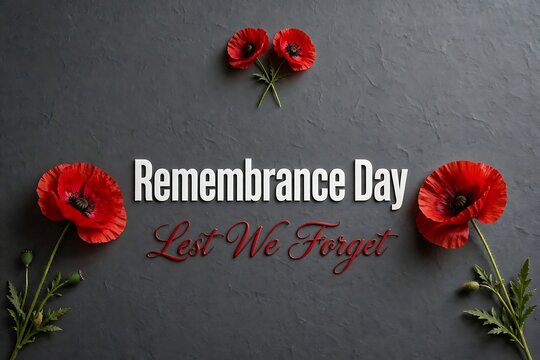 Remembrance day background with red poppy flowers and lest we forget text on a dark textured surface