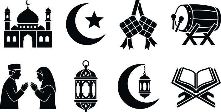 Ramadan icons set featuring mosque, crescent moon, star, ketupat, beduk drum, praying people, lantern, and quran book
