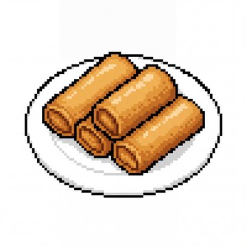 Three Golden Fried Risol Pastries on a Plate in Retro 8-Bit Pixel Art Style Isolated on White Background