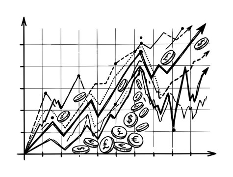 Hand Drawn Financial Growth Chart with Currency Coins and Market Graph Sketch.