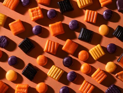 Top view of assorted halloween candies arranged in a pattern on an orange background