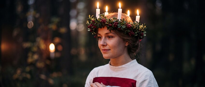 Glowing candle crown on a young woman wearing a traditional festive robe outdoor in a dark forest