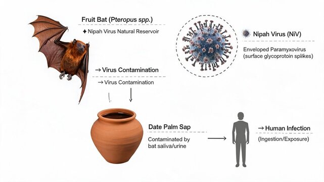 Nipah virus transmission pathway diagram, fruit bat contaminating date palm sap leading to human infection, zoonotic paramyxovirus infection route infographic