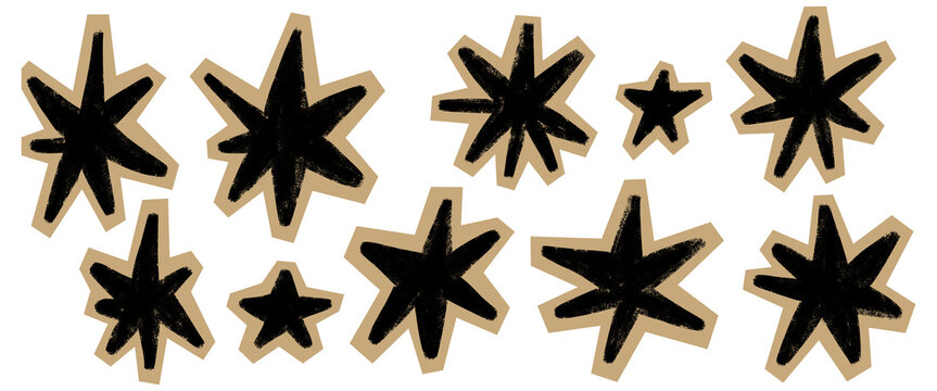 Hand drawn grunge star stickers collection with wide bold star clipart set, chalk crayon texture, vintage Y2K scrapbook collage journal element, paper cut out decal, vector illustration for craft
